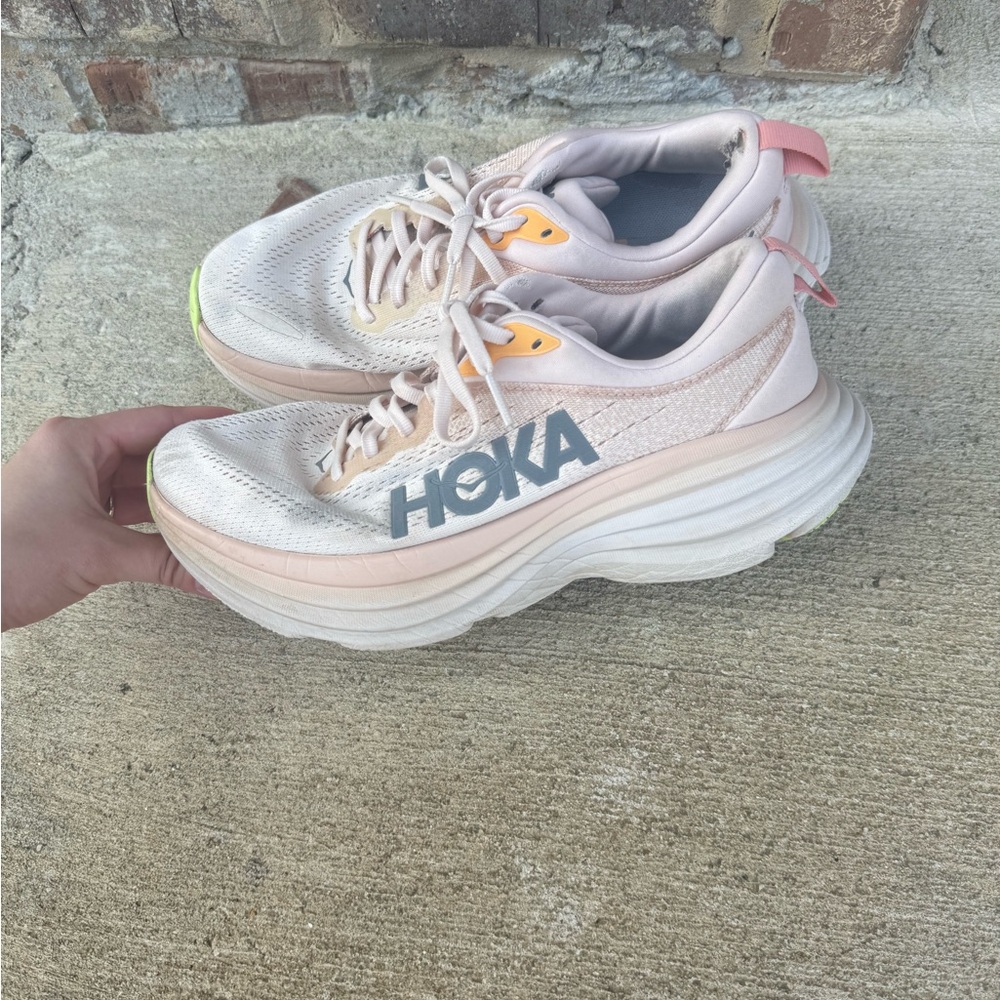 Hoka Light Pink, White & Yellow Clifton 10